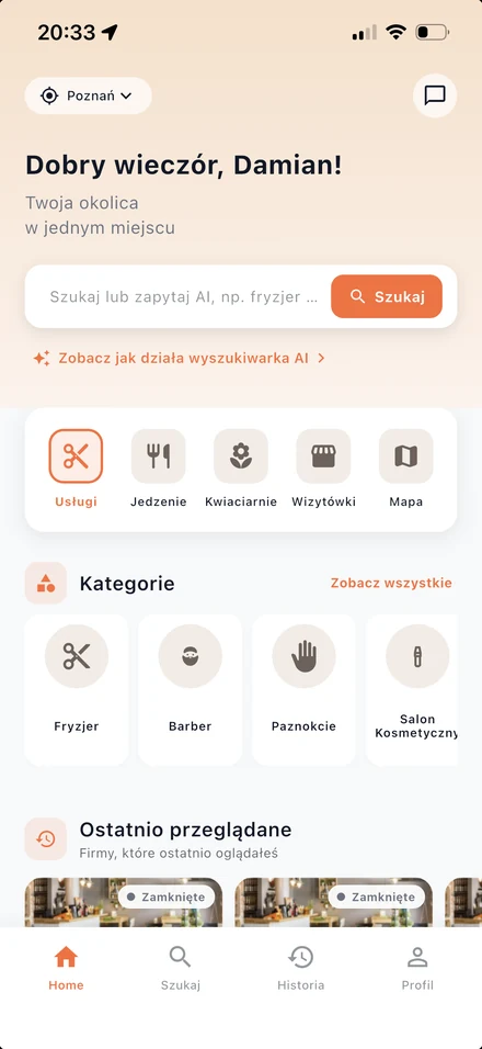 Ekran główny aplikacji Lokalio