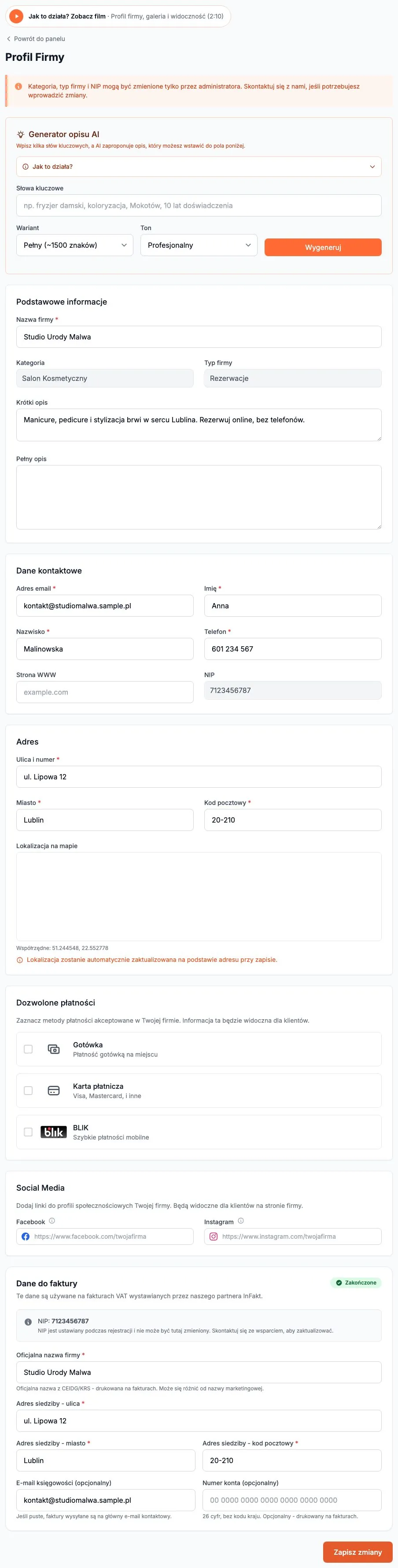 Profil firmy - podstawowe informacje i generator opisu AI