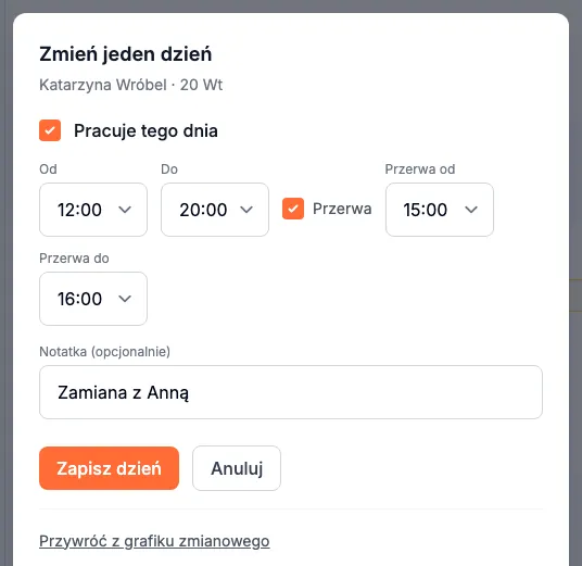 Zmiana jednego dnia