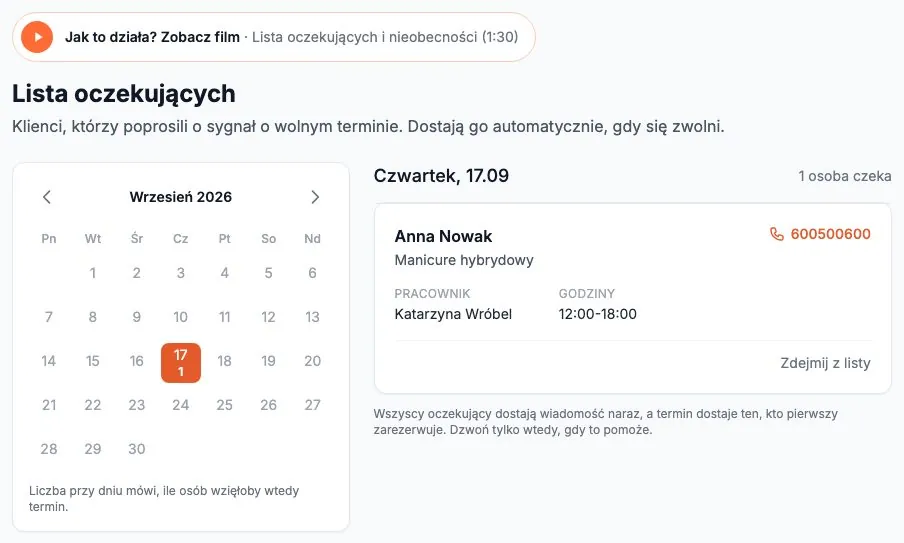 Lista oczekujących w panelu
