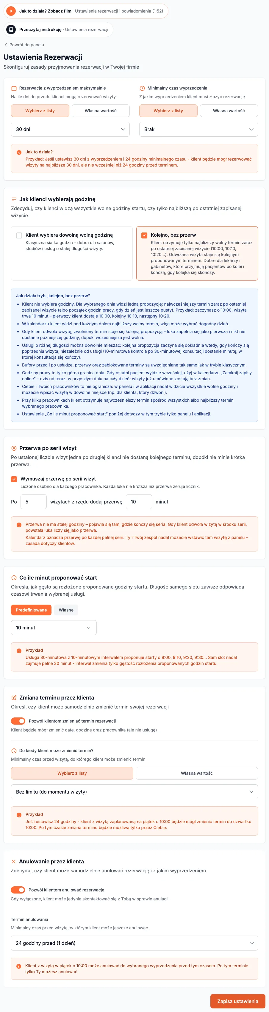 Ustawienia rezerwacji z trybem „Kolejno, bez przerw”