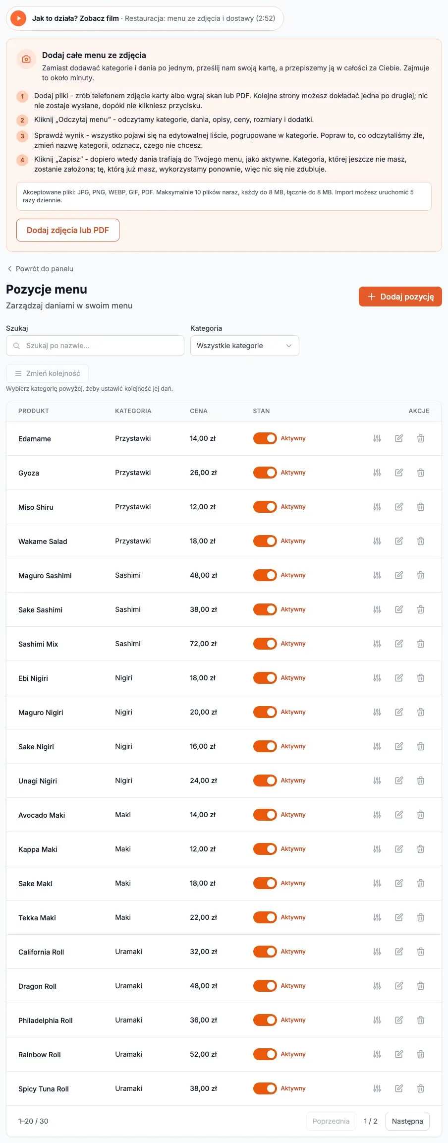 Pozycje menu