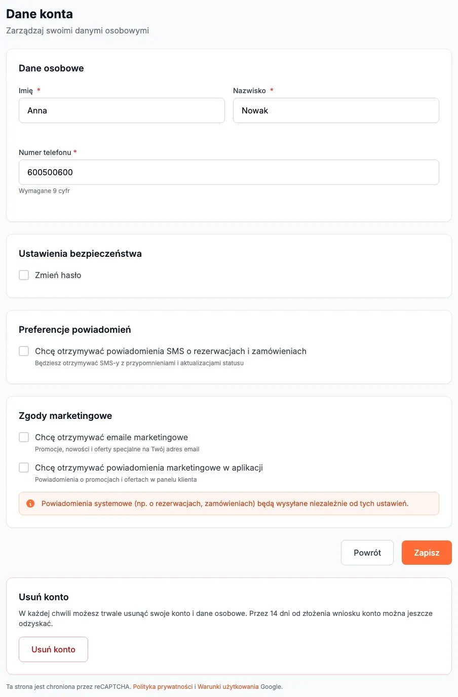 Informacje o koncie
