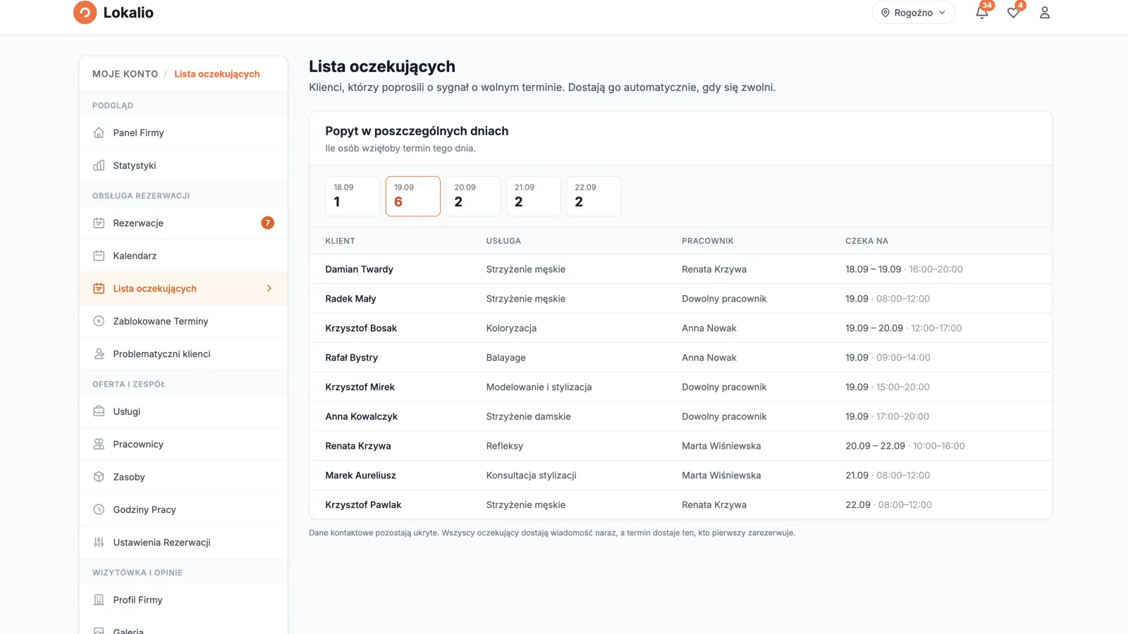 Lista oczekujących w panelu firmy
