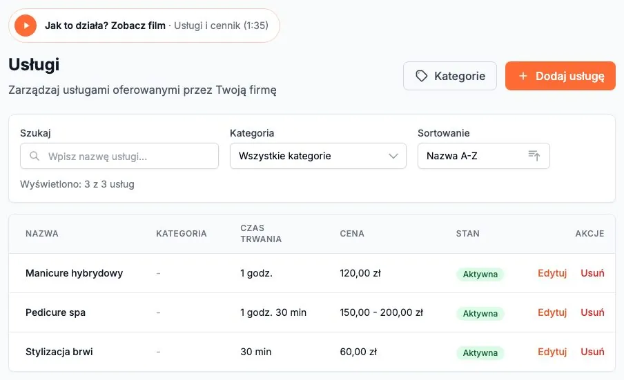 Lista usług