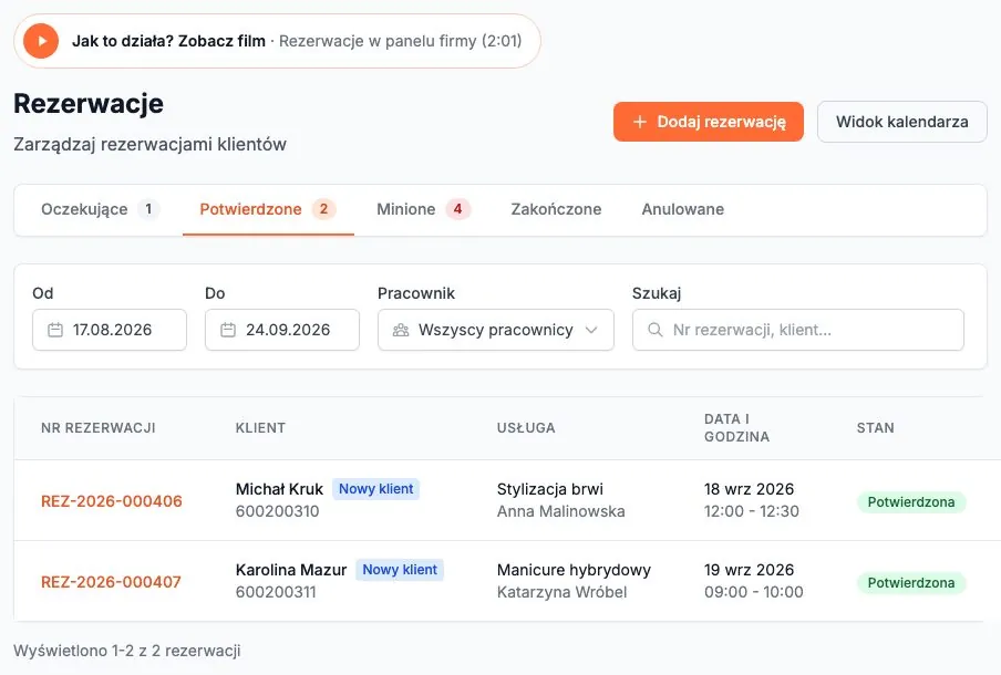 Lista rezerwacji - zakładka Potwierdzone