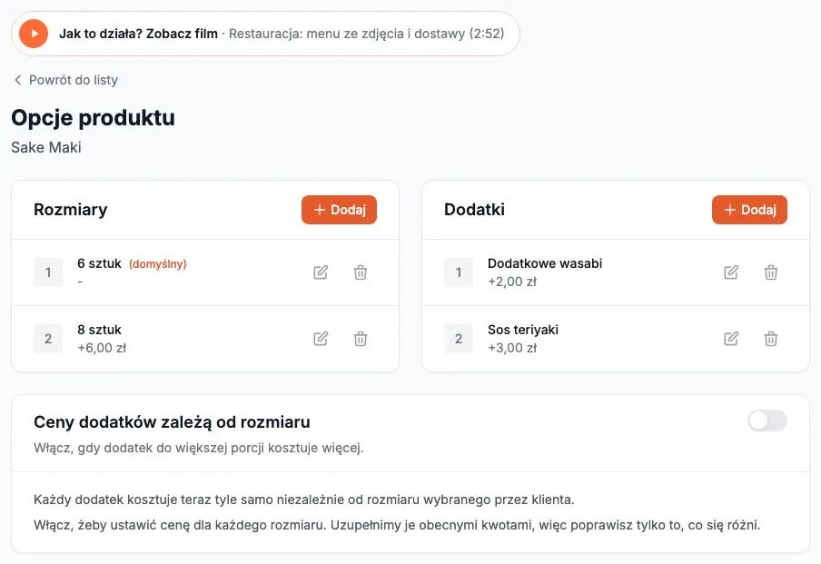 Rozmiary i dodatki dania
